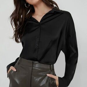 Black Satin Long Sleeve Button-Down